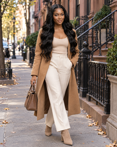 A woman walking on a city sidewalk wearing Body Wave Natural 15A Grade HD Lace Frontal 13x4 Wig 180 Density