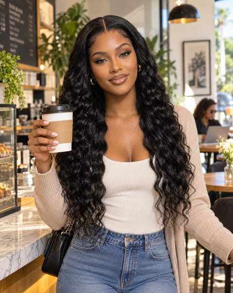 A woman wearing Deep Wave Natural 15A Grade HD Lace Frontal 13x4 Wig 180 Density