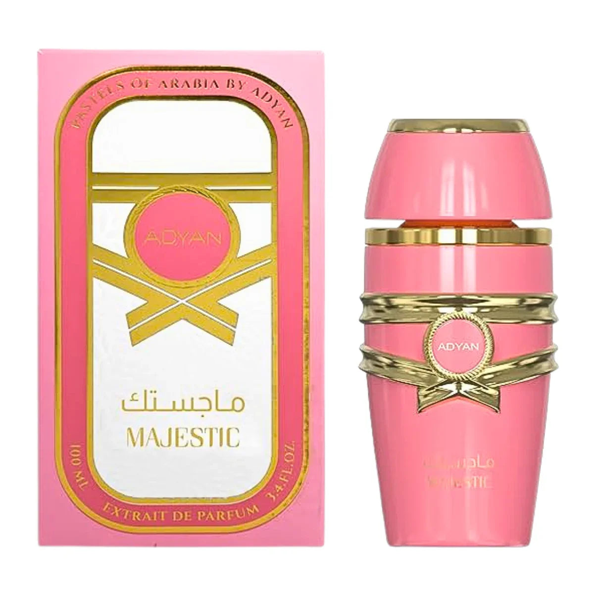 Adyan Majestic pink perfume bottle and box, 100ml extrait de parfum with gold accents