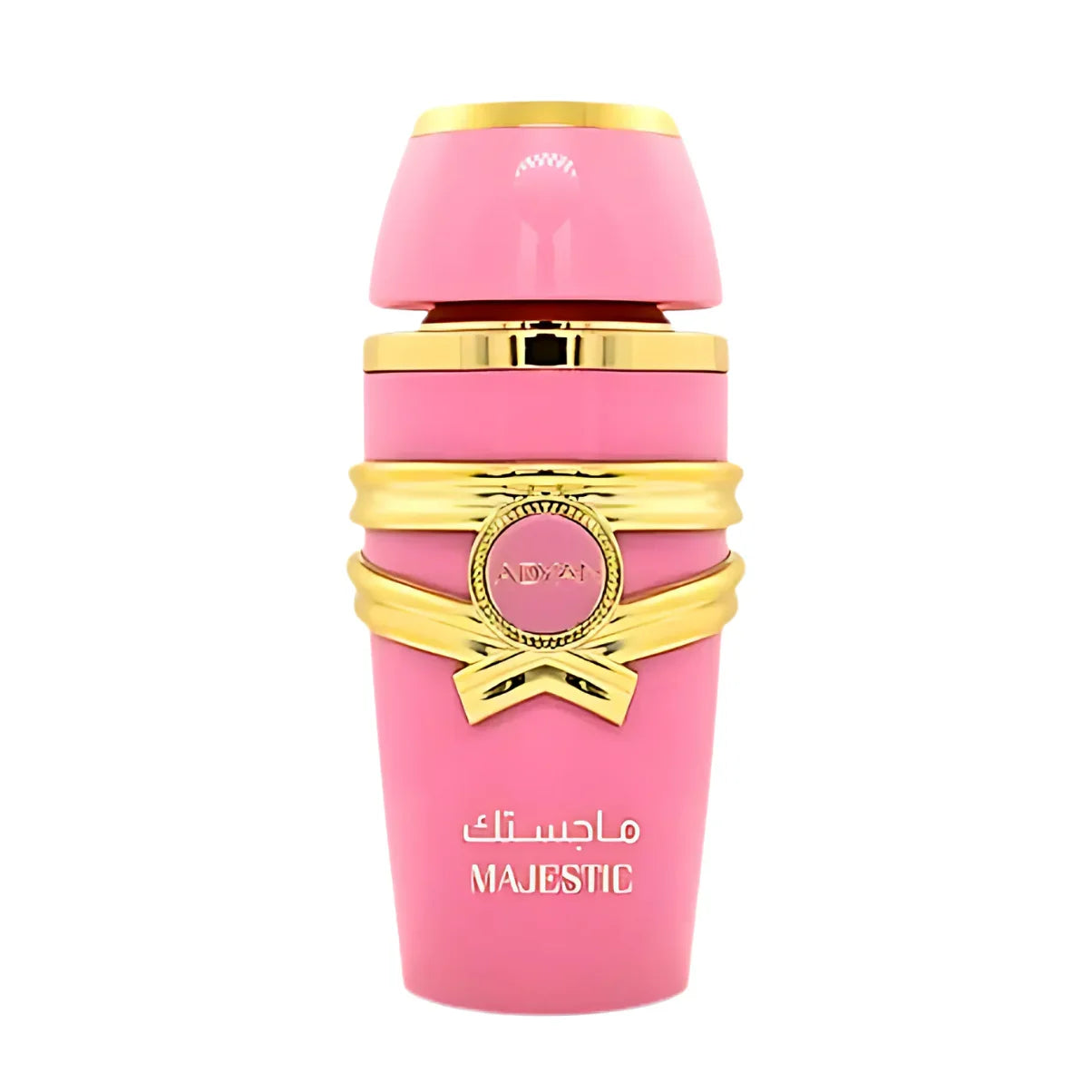 Pink and gold Majestic perfume bottle with Arabic text, luxury fragrance design