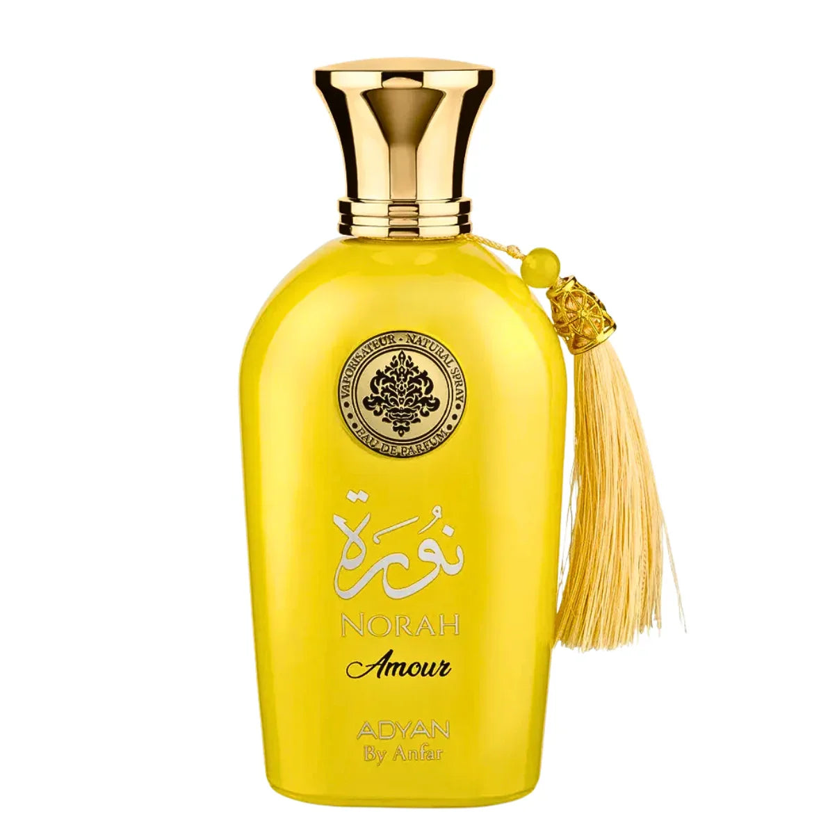 Luxury yellow perfume bottle with gold cap and tassel, Norah Amour by Adyan