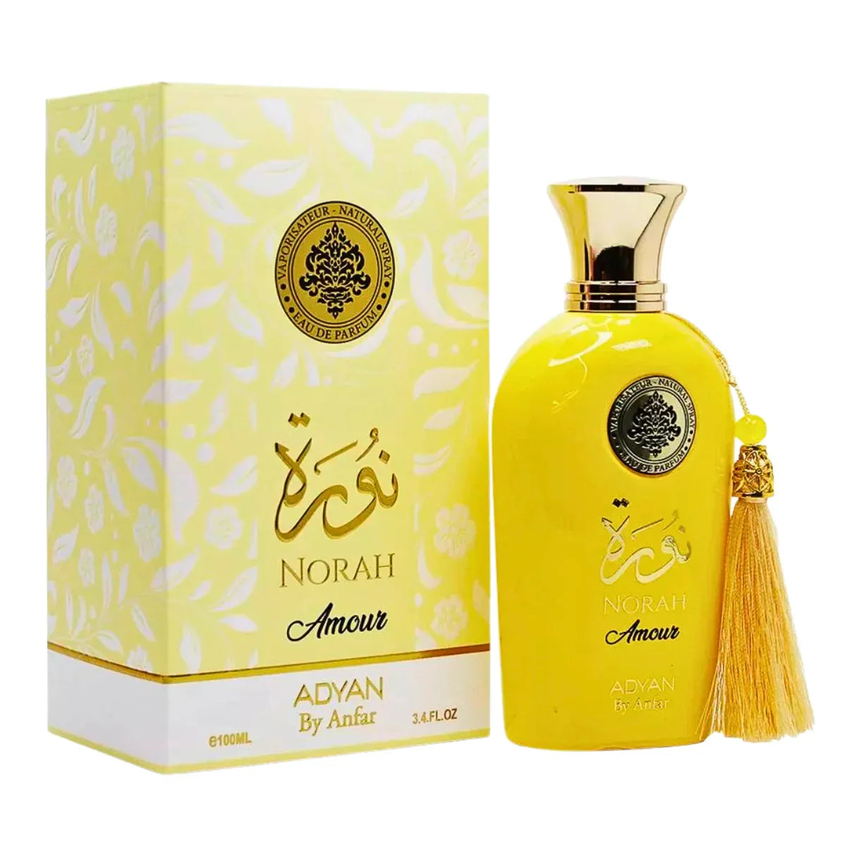 Norah Amour by Adyan Eau de Parfum, 100ml yellow bottle with gold tassel, floral box packaging