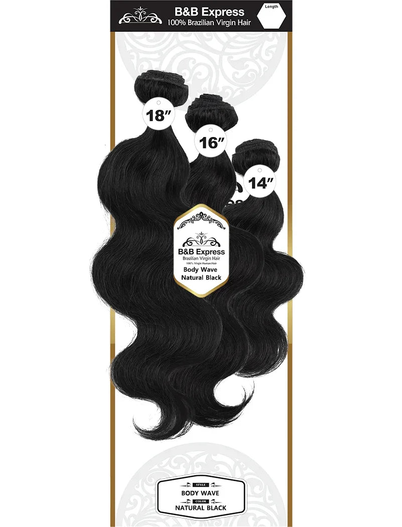 B&B Express 100% Brazilian Virgin Hair bundles in body wave, natural black, 14” 16” 18” lengths