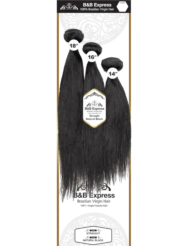 B&B Express 100% Brazilian Virgin Hair bundles in straight natural black, 14", 16", 18" lengths