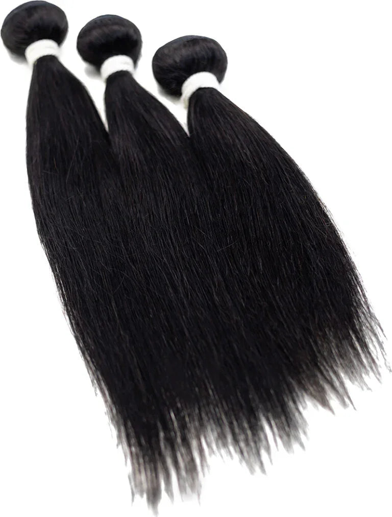Three bundles of straight black human hair extensions for natural styling and wigs