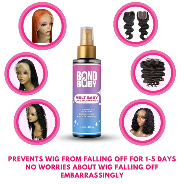 Bond Baby Melt Baby lace melting spray for wigs & bundles, prevents shedding, secure hold up to 5 days