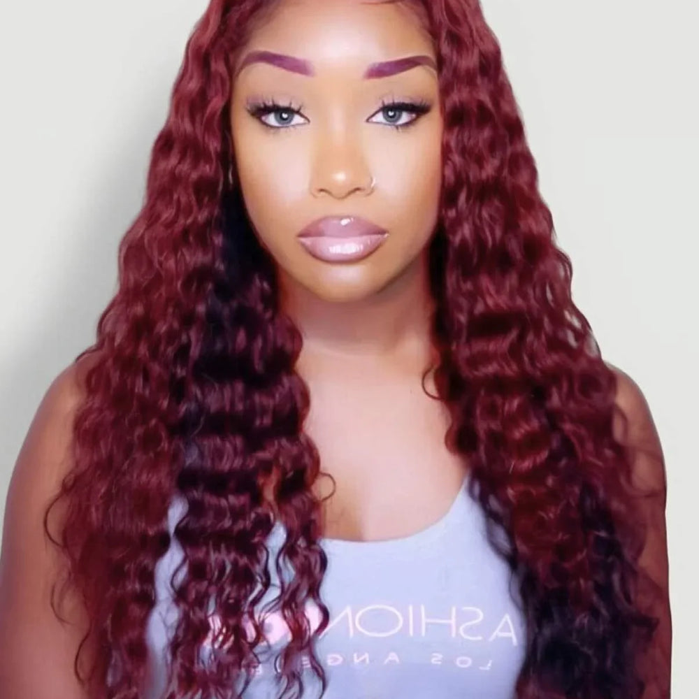 15A Grade Dark Burgundy/99J Deep Wave 13x4 Lace Front Wig Super Natural Hair Line