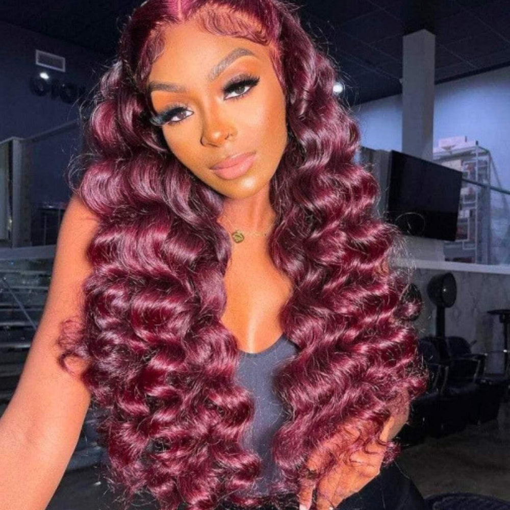 15A Grade Dark Burgundy/99J Deep Wave 13x4 Lace Front Wig Super Natural Hair Line