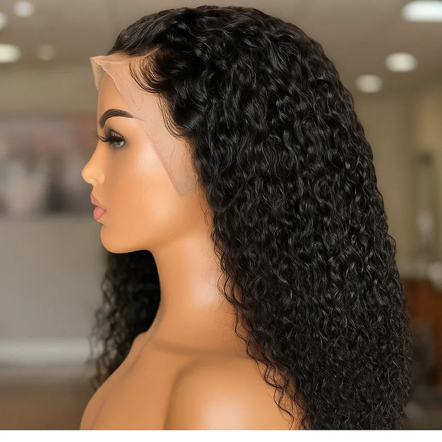 Deep curly human hair wig with lace front on mannequin, natural voluminous waves for stylish looks