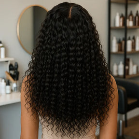Long, deep curly human hair wig with natural part, shown from back in salon setting