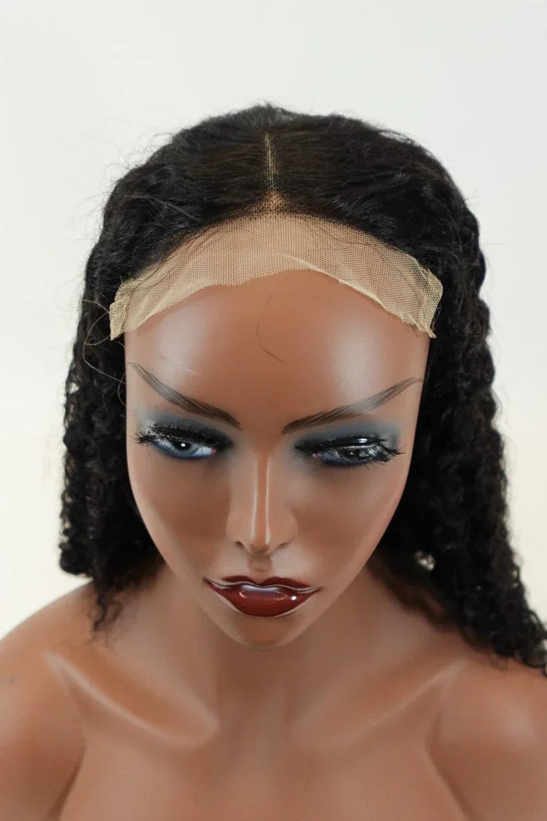 Human hair lace front wig with natural curls on mannequin head