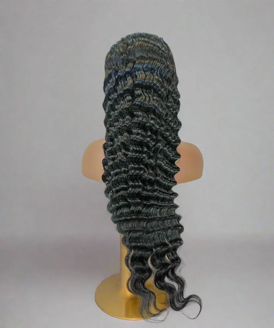Deep wave human hair wig with natural curls on mannequin, premium quality for styling
