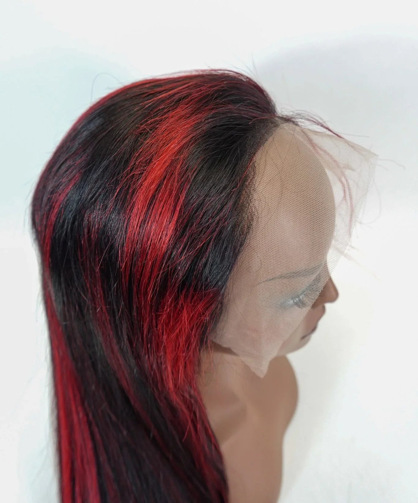 Black to red ombre human hair lace front wig on mannequin, natural styling ready