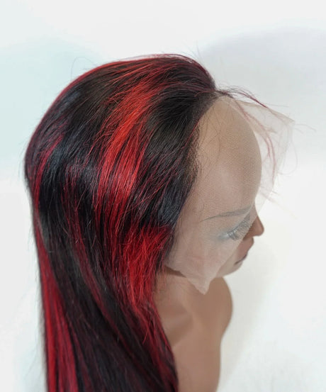 Straight 15A Transparent 13x4 Full Frontal 180 Density Black/Red