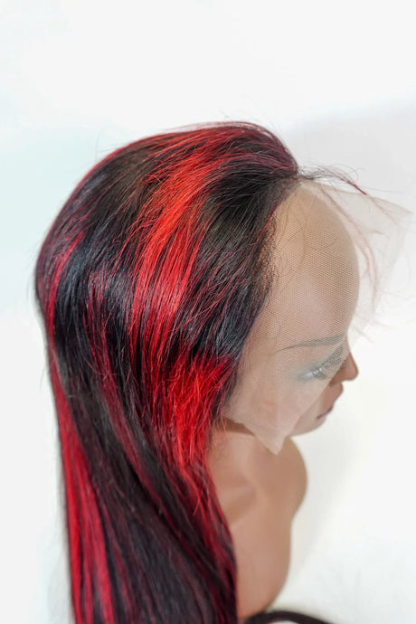 Straight 15A Transparent 13x4 Full Frontal 180 Density Black/Red