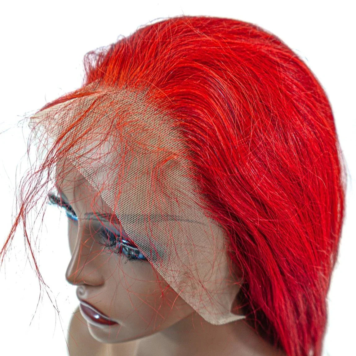 Vibrant red human hair lace front wig on mannequin, natural styling ready