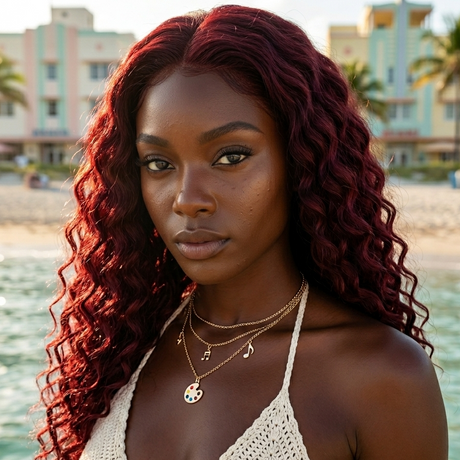 black woman wearing Deep Wave 15A Transparent 13x4 Full Frontal 180 Density Dark Burgundy/99J