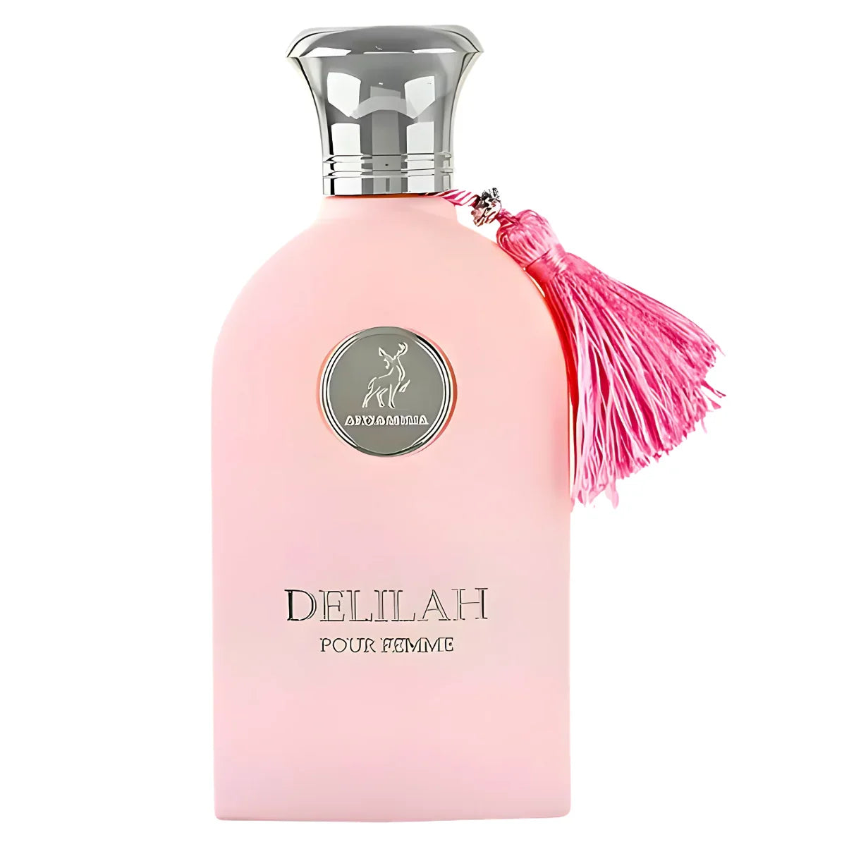 Pink Delilah Pour Femme perfume bottle with silver cap and pink tassel, luxury fragrance for women