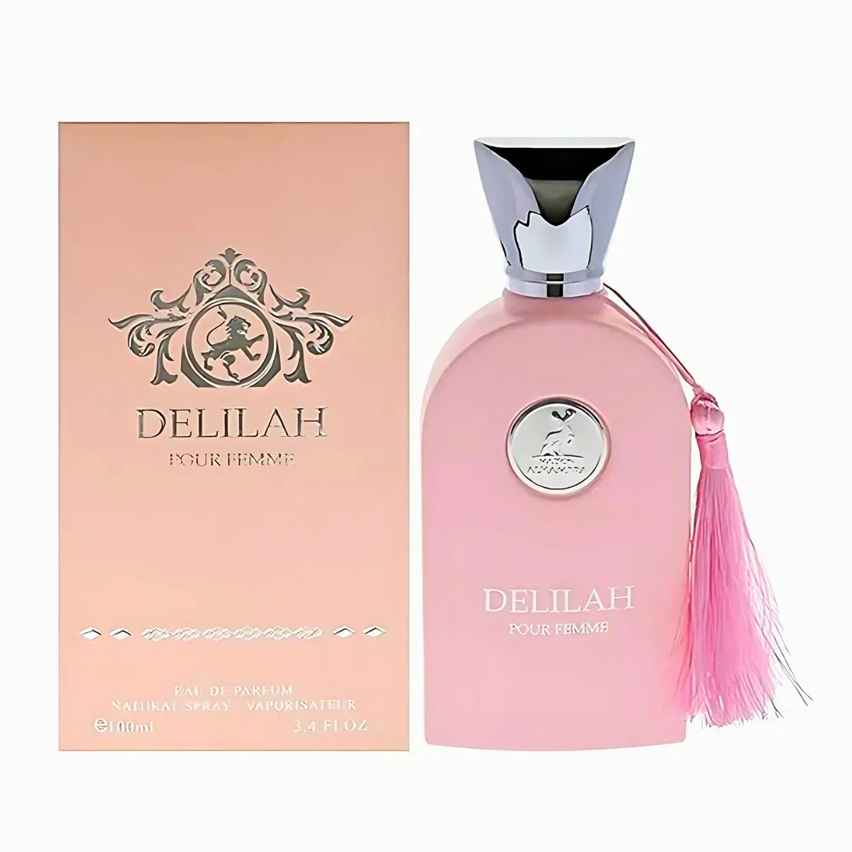 Delilah Pour Femme Eau de Parfum bottle with pink tassel and matching box, 100ml