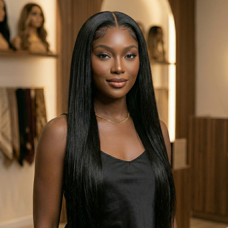 Woman with long black hair standing in a salon setting