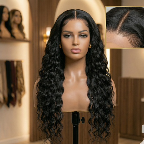 Mannequin head with long black wig and close-up of hairline in a salon setting.