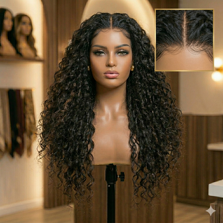 Mannequin head with long curly wig and close-up of hairline in a salon setting.
