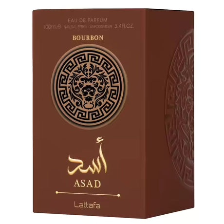 Asad Bourbon Eau de Parfum 100ml luxury fragrance box with lion emblem and Arabic script