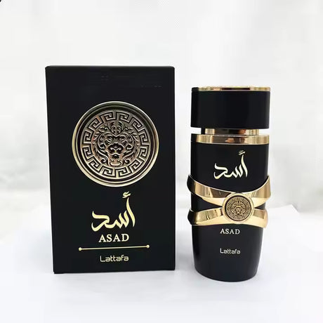 ASAD by Lattafa luxury perfume bottle and box with gold lion emblem, black and gold design