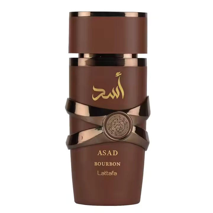 ASAD Bourbon Lattafa perfume bottle with gold Arabic script and ornate design