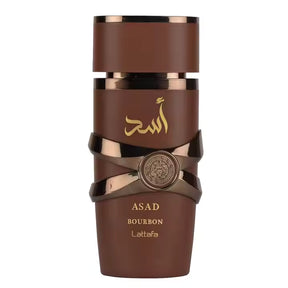 ASAD Bourbon Lattafa perfume bottle with gold Arabic script and ornate design