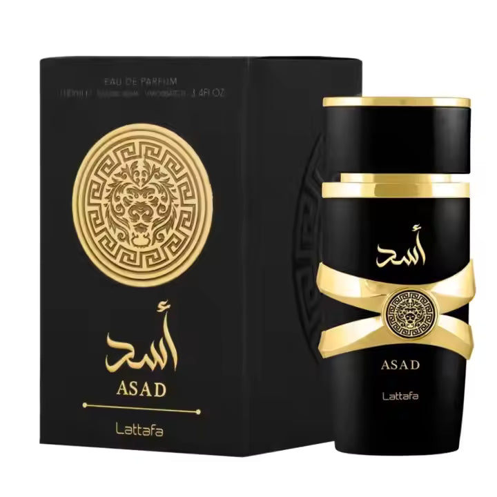 ASAD by Lattafa Eau de Parfum bottle and box, black and gold luxury fragrance packaging