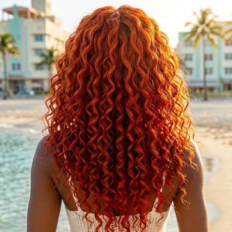 Person with curly red hair standing on a beach with palm trees and buildings in the background