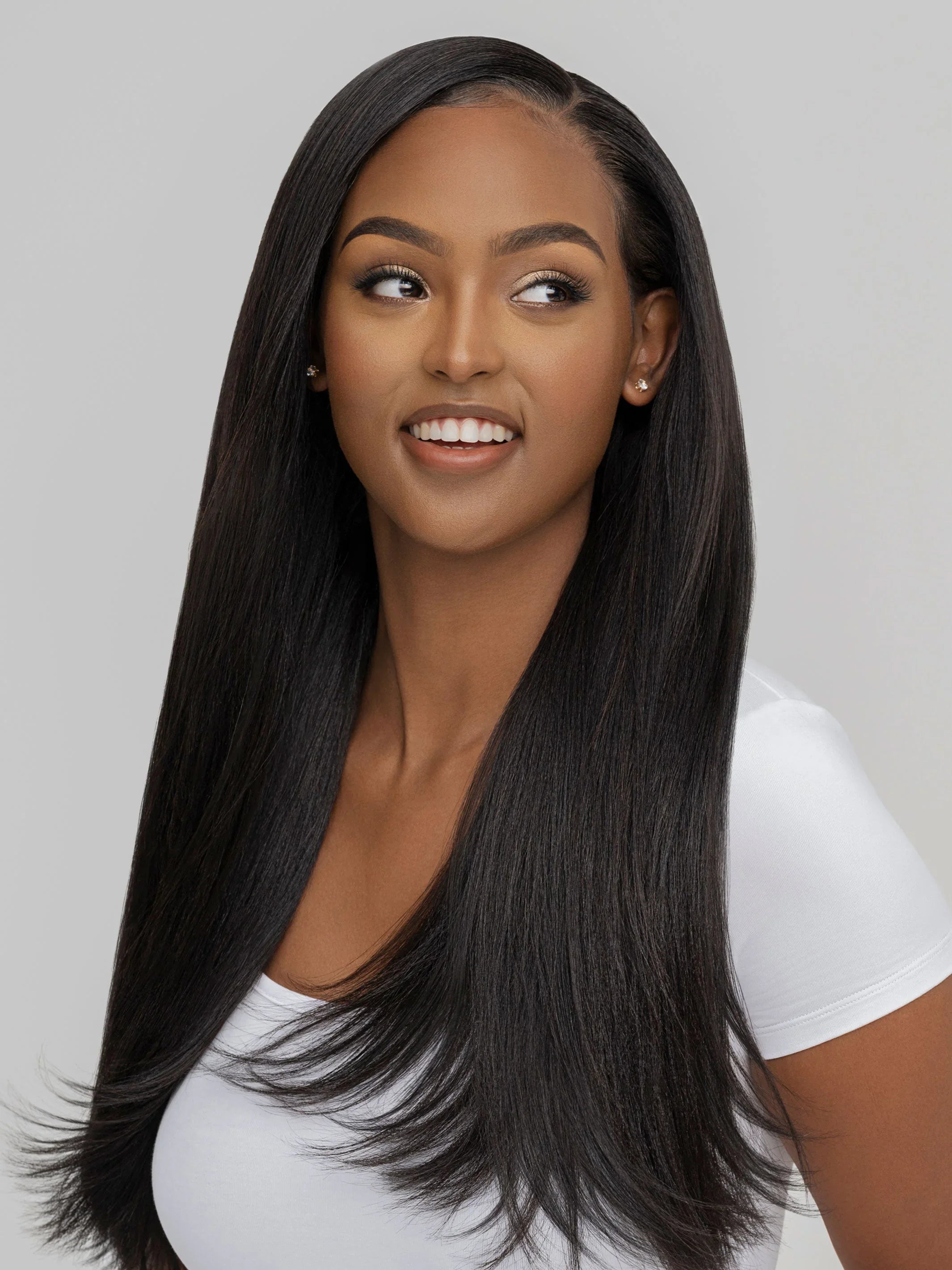 Smooth straight human hair wig with natural part, sleek styling for everyday beauty