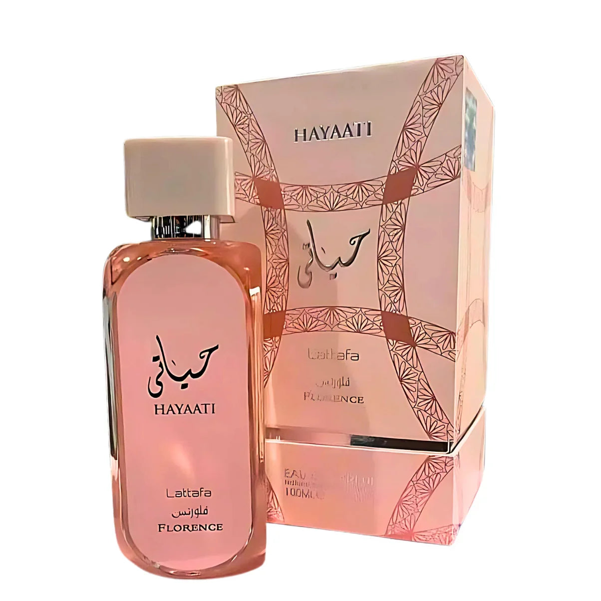HAYAATI Lattafa Florence 100ml perfume bottle with matching pink gift box, elegant Arabic script design