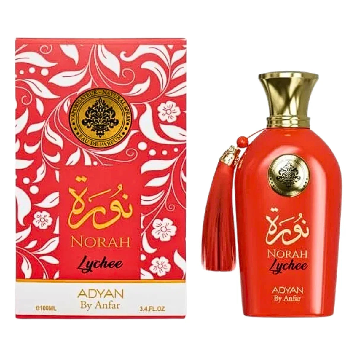 Norah Lychee Eau de Parfum by Adyan by Anfar, 100ml red bottle with gold cap and tassel, floral box design