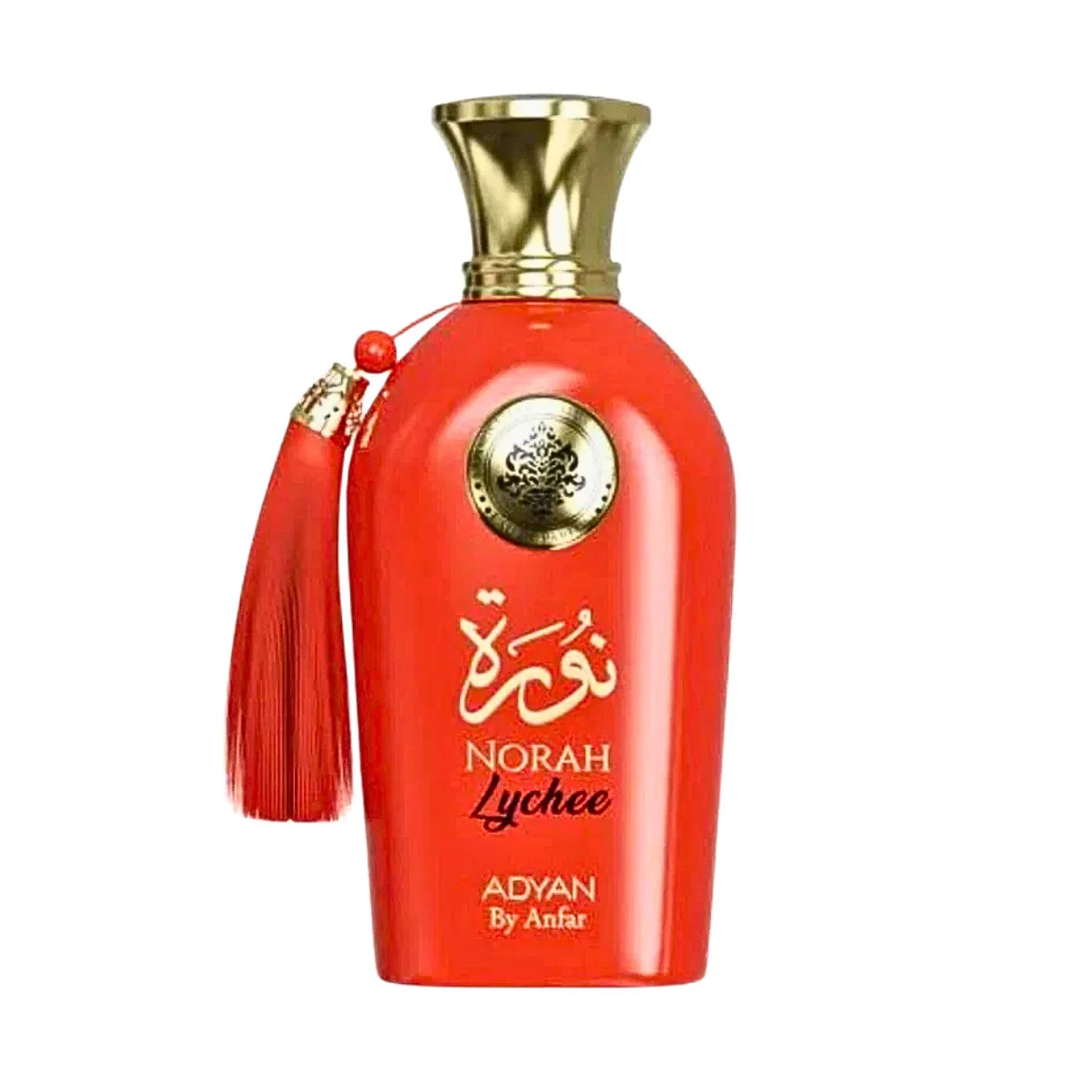 Norah Lychee Adyan by Anfar red perfume bottle with gold cap and tassel