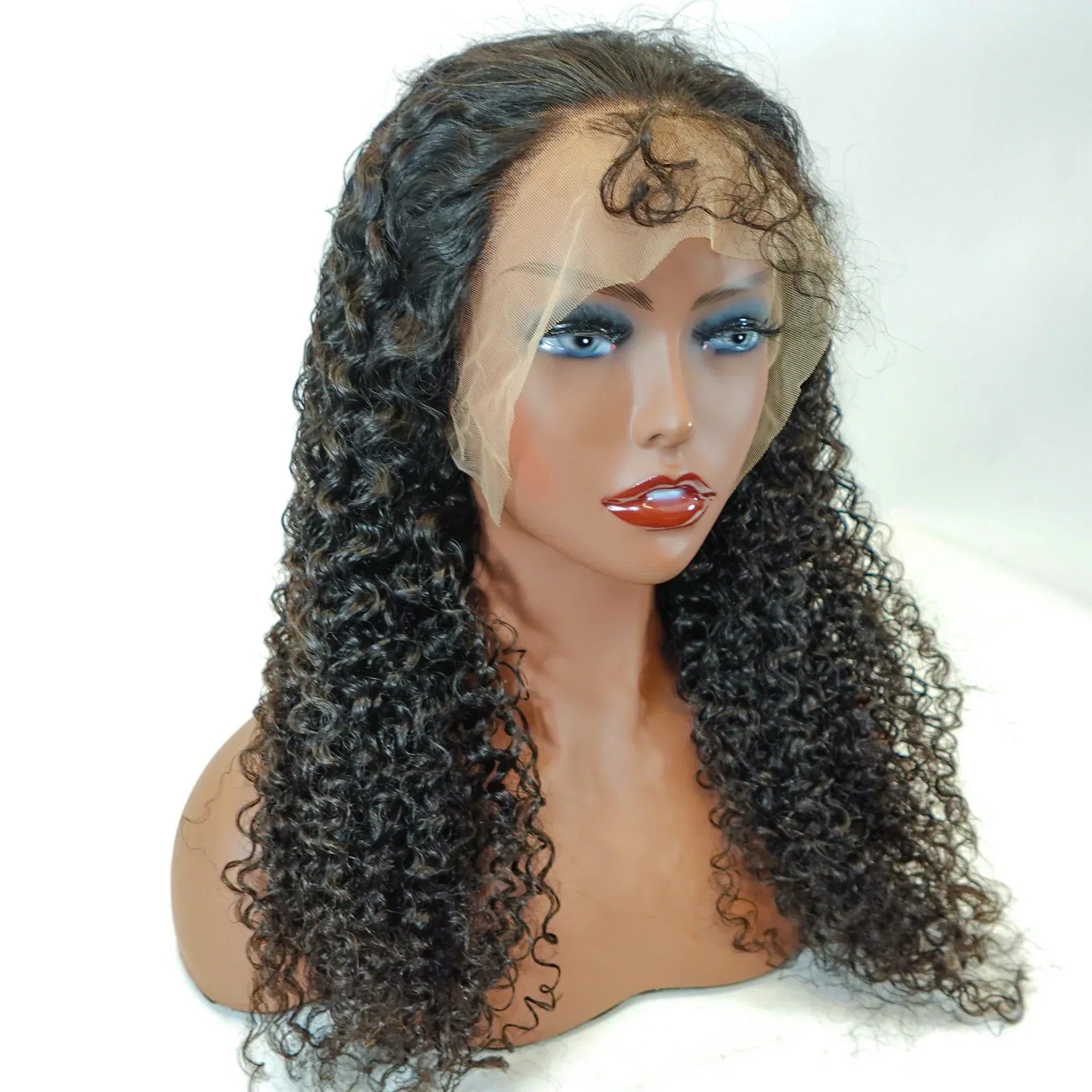 Deep curly human hair lace front wig with natural-looking part on mannequin head