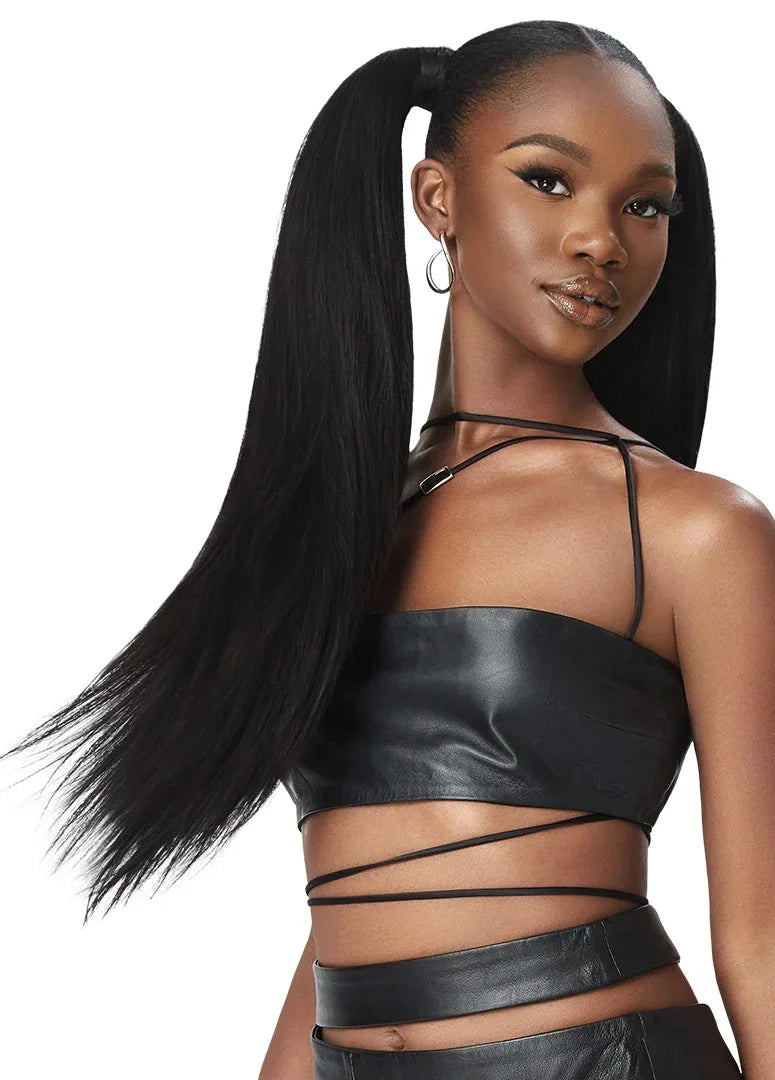 Long sleek black human hair wig styled in high ponytail, natural look for versatile styling