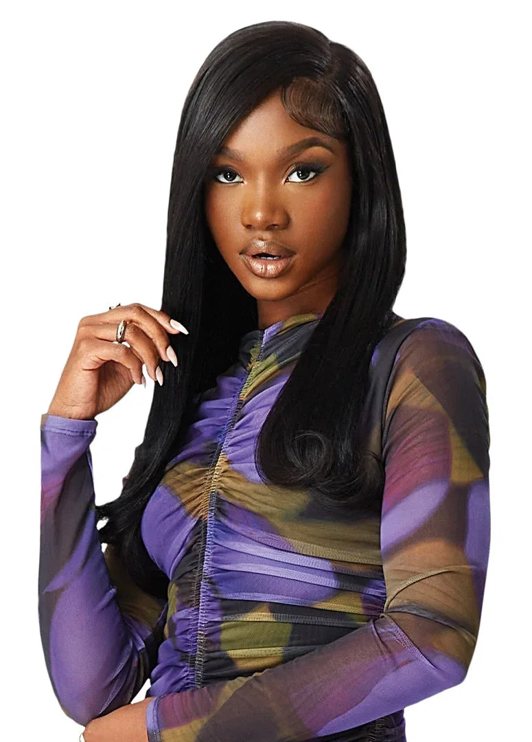 Black woman wearing sleek human hair wig with natural straight style and lace front