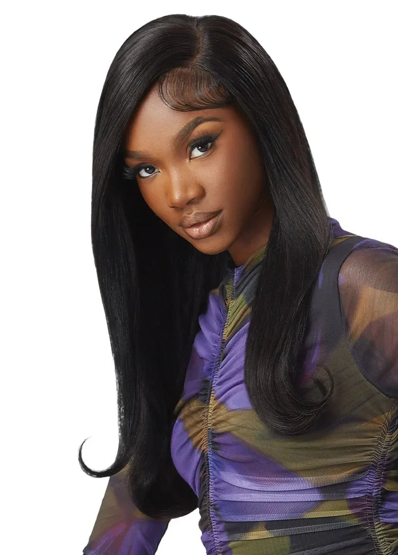 Long sleek human hair wig with natural straight style and lace front for seamless look