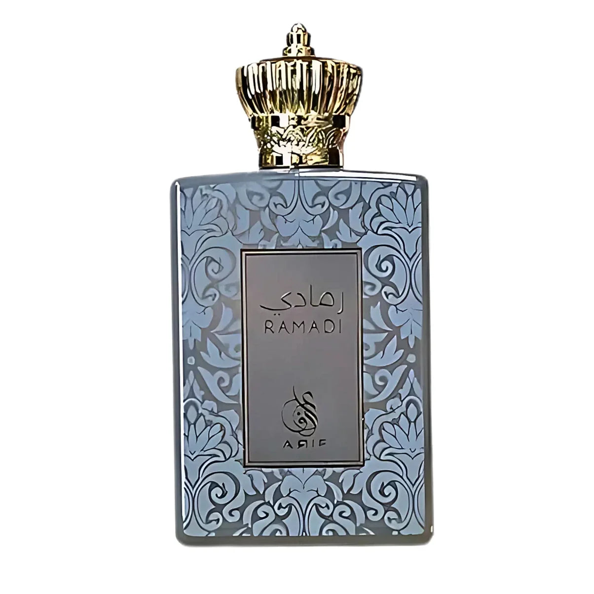 Ramadi luxury perfume bottle with ornate blue floral design and gold crown cap