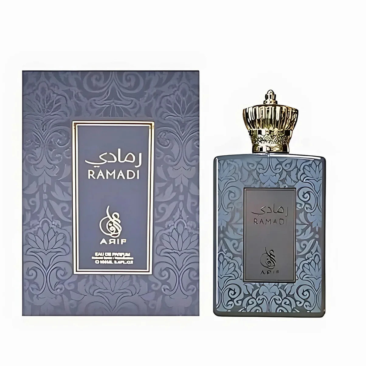 Ramadi by Arif Eau de Parfum bottle and box with ornate blue design and gold cap