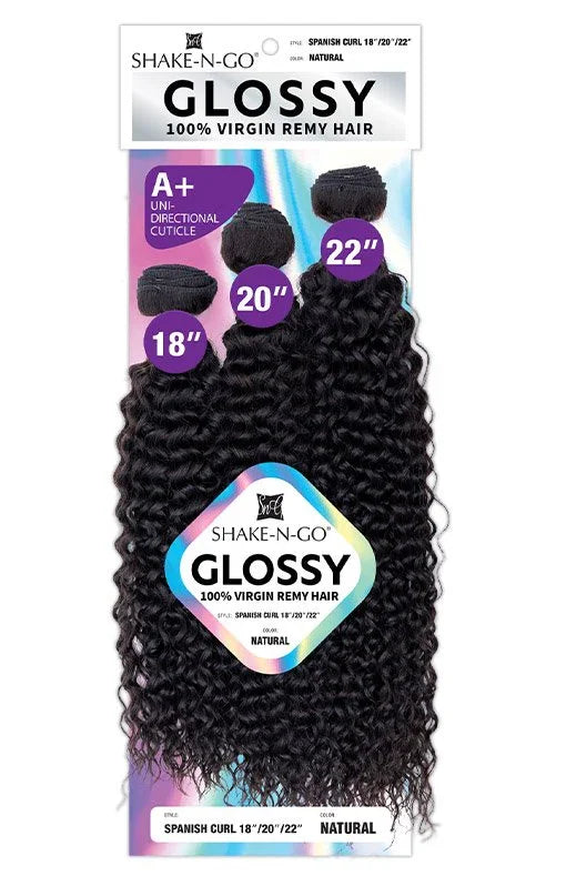 Glossy Spanish curl human hair bundles in 18, 20, 22 inch lengths, natural color, virgin remy hair
