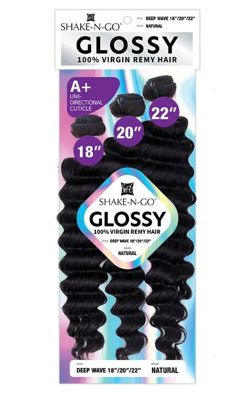Shake-N-Go Glossy 100% Virgin Remy Hair deep wave bundles in 18, 20, 22 inch natural black