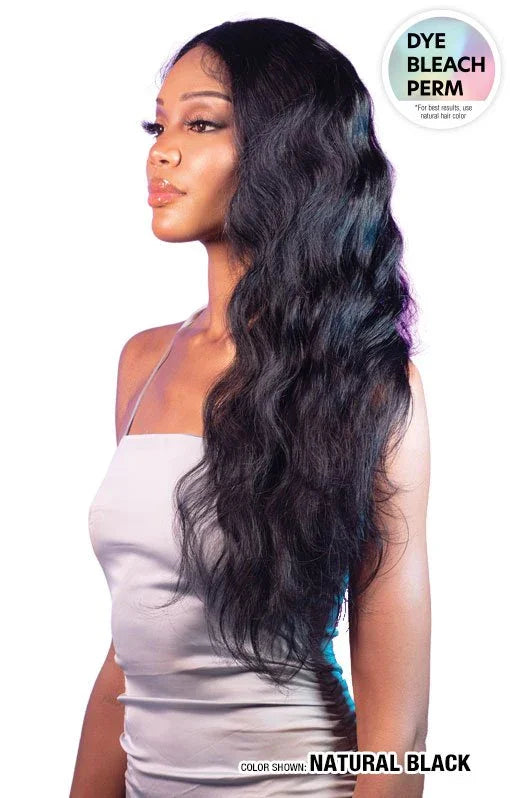 Natural black human hair wig with body waves, dye bleach perm ready, shown on model