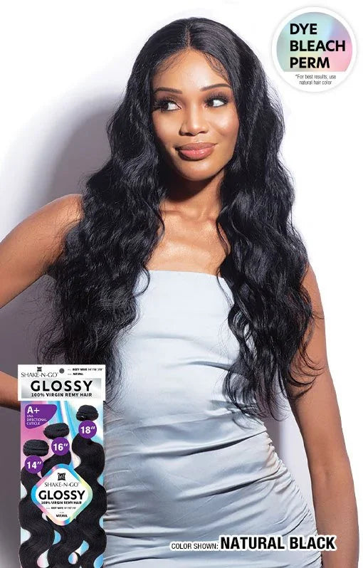Natural black human hair wig with glossy body waves, dyeable & bleachable for styling