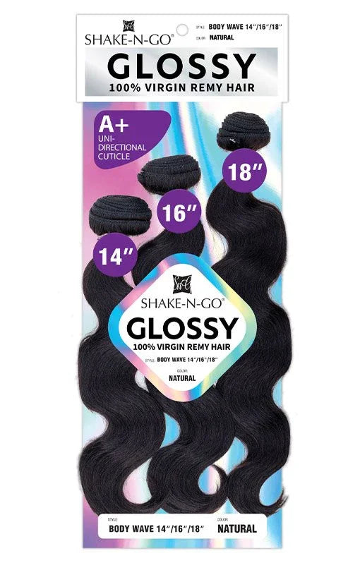 Glossy body wave 100% virgin remy hair bundles in 14", 16", 18" lengths, natural color