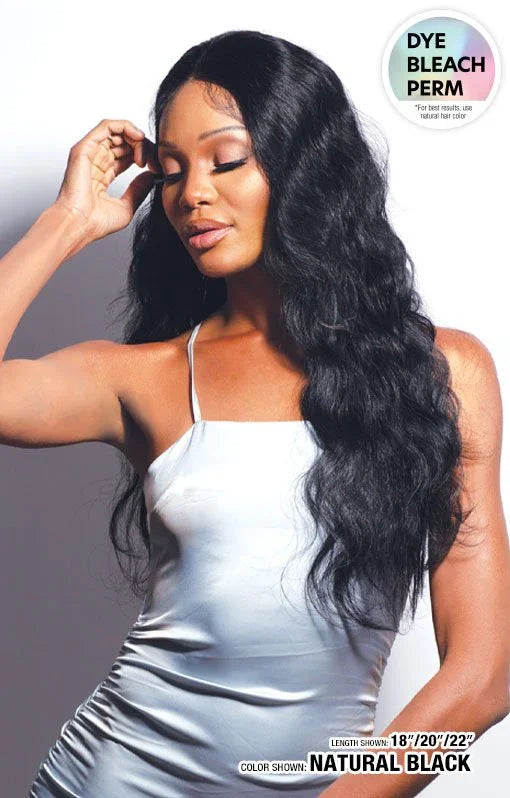Natural black human hair wig with body waves, dyeable and bleachable, shown in 18/20/22 inch lengths