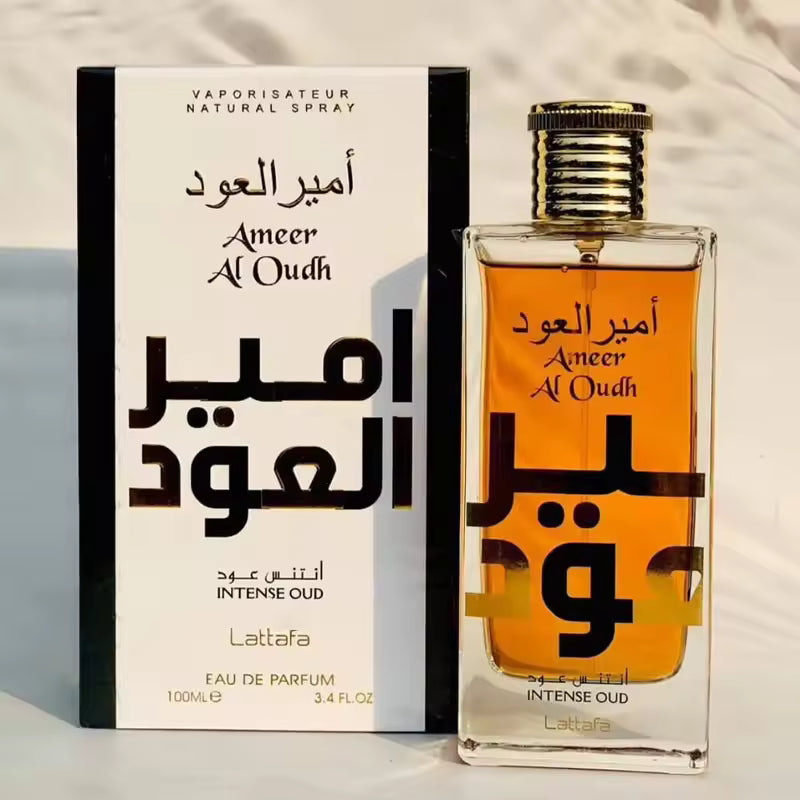 Ameer Al Oudh Intense Oud Eau de Parfum bottle and box, 100ml, with Arabic script and gold accents