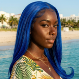 Black woman wearing Straight 15A Transparent 13x4 Full Frontal 180 Density Blue